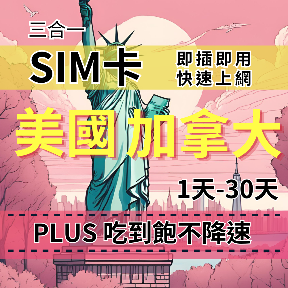 【實體卡】PLUS美國加拿大無限流量上網SIM卡|真吃到飽、不降速|美加T-Mobile、AT&T雙電信雙電信自由切換-T