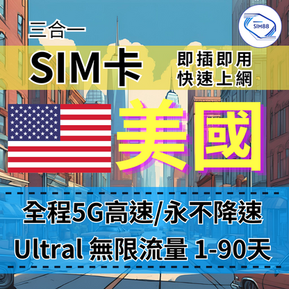 【實體卡】Ultra美國5G高速無限流量上網SIM卡｜純美國吃到飽、不降速｜Verizon、T-Mobile電信-B