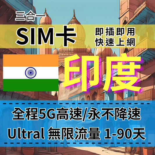 【實體卡】Ultra印度5G高速無限流量上網SIM卡｜真吃到飽、不降速｜印度AirTel、Vodafone多電信自由切換-B