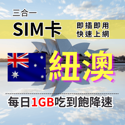 【實體卡】澳洲 紐西蘭 上網SIM卡 吃到飽每天1GB 超過降速