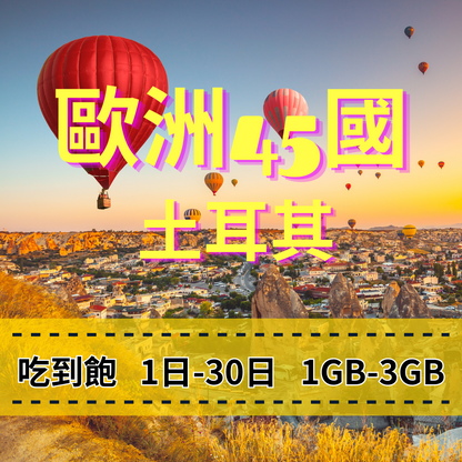 【eSIM】歐洲45國、土耳其日流量吃到飽方案｜Turk Telekom電信｜每日高速用量達上限後降速無限使用，土耳其暢遊上網