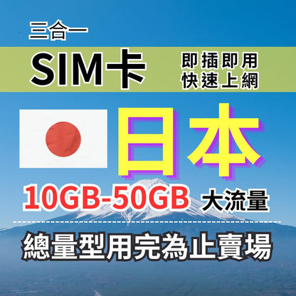 【實體卡】日本上網SIM卡｜10-50GB總用量方案｜降速128Kbps續無限｜KDDI & SOFTBANK自由切換-J