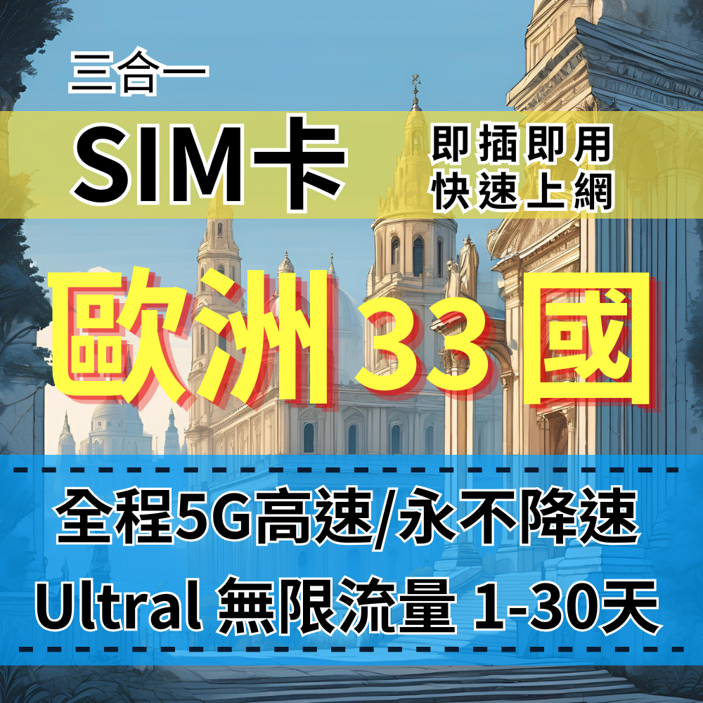 【實體卡】Ultra歐洲33國5G高速無限流量上網SIM卡｜真吃到飽、不降速｜歐洲33國 各國原生網路-B