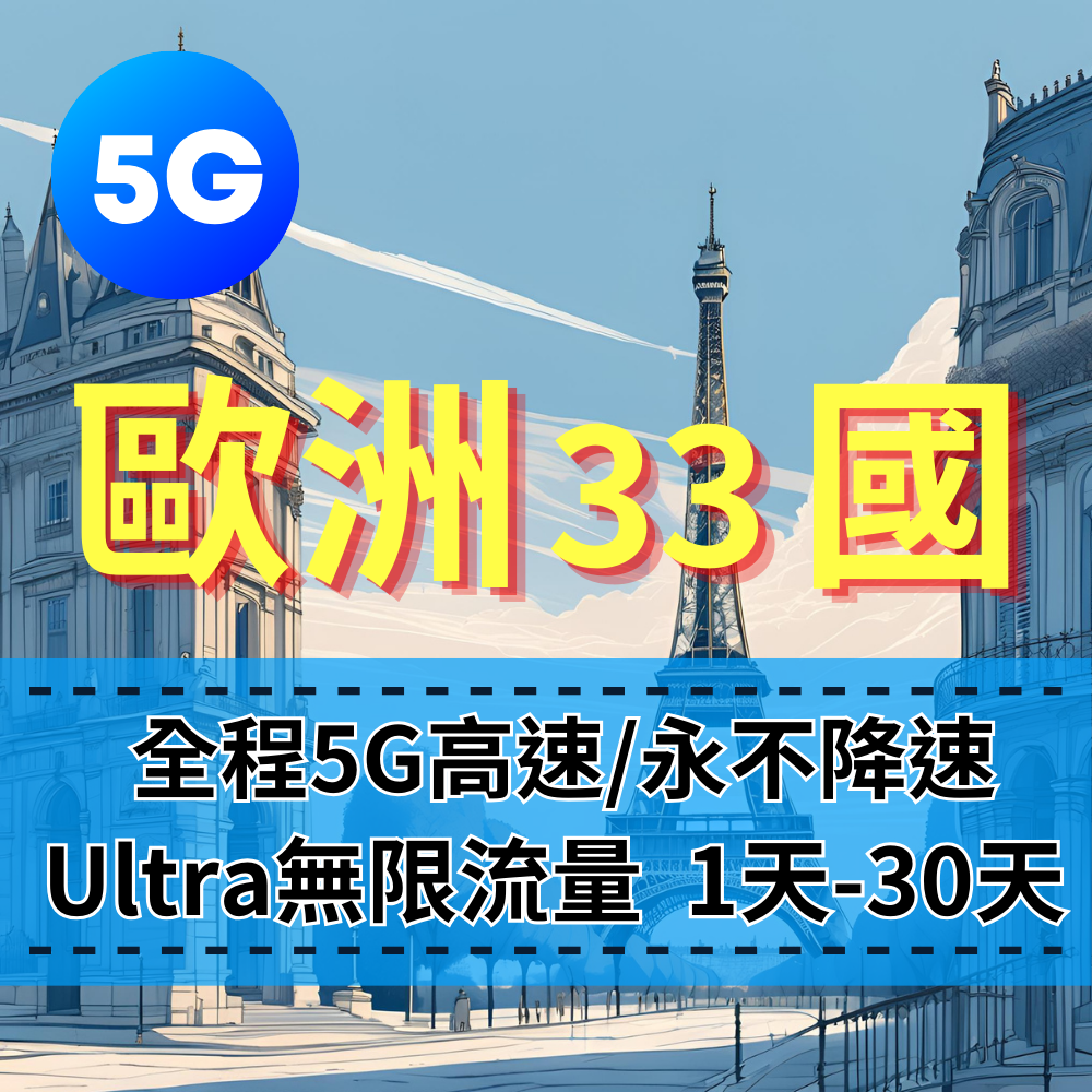 【eSIM】Ultra歐洲33國5G高速無限流量上網｜全程不降速、高速吃到飽，即買即用，重度網路使用者｜歐洲旅遊首選